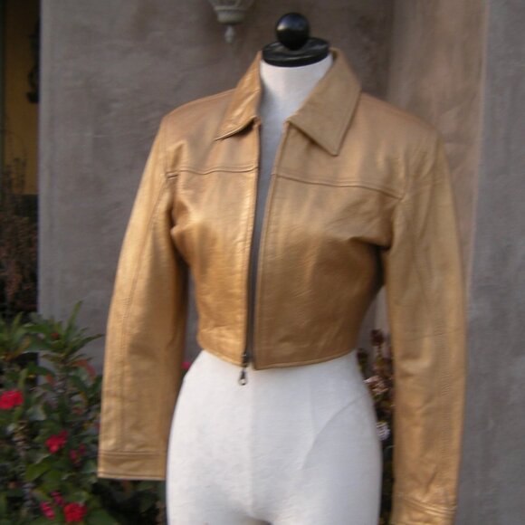 CACHE Gold Leather Cropped Sexy Little Zippered Moto Jacket - S - Picture 4 of 9
